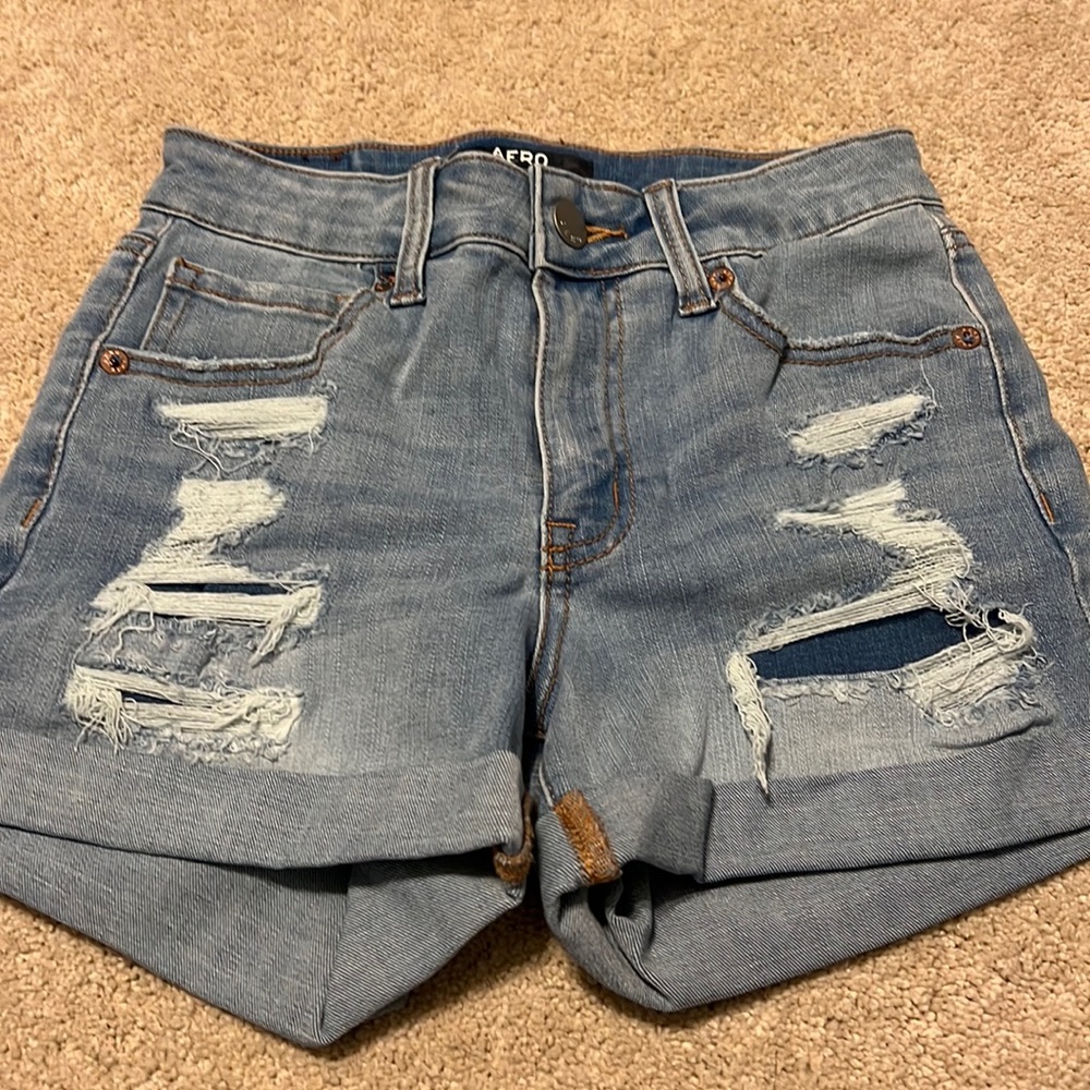 Aero shorts.  Light blue.  Distressed